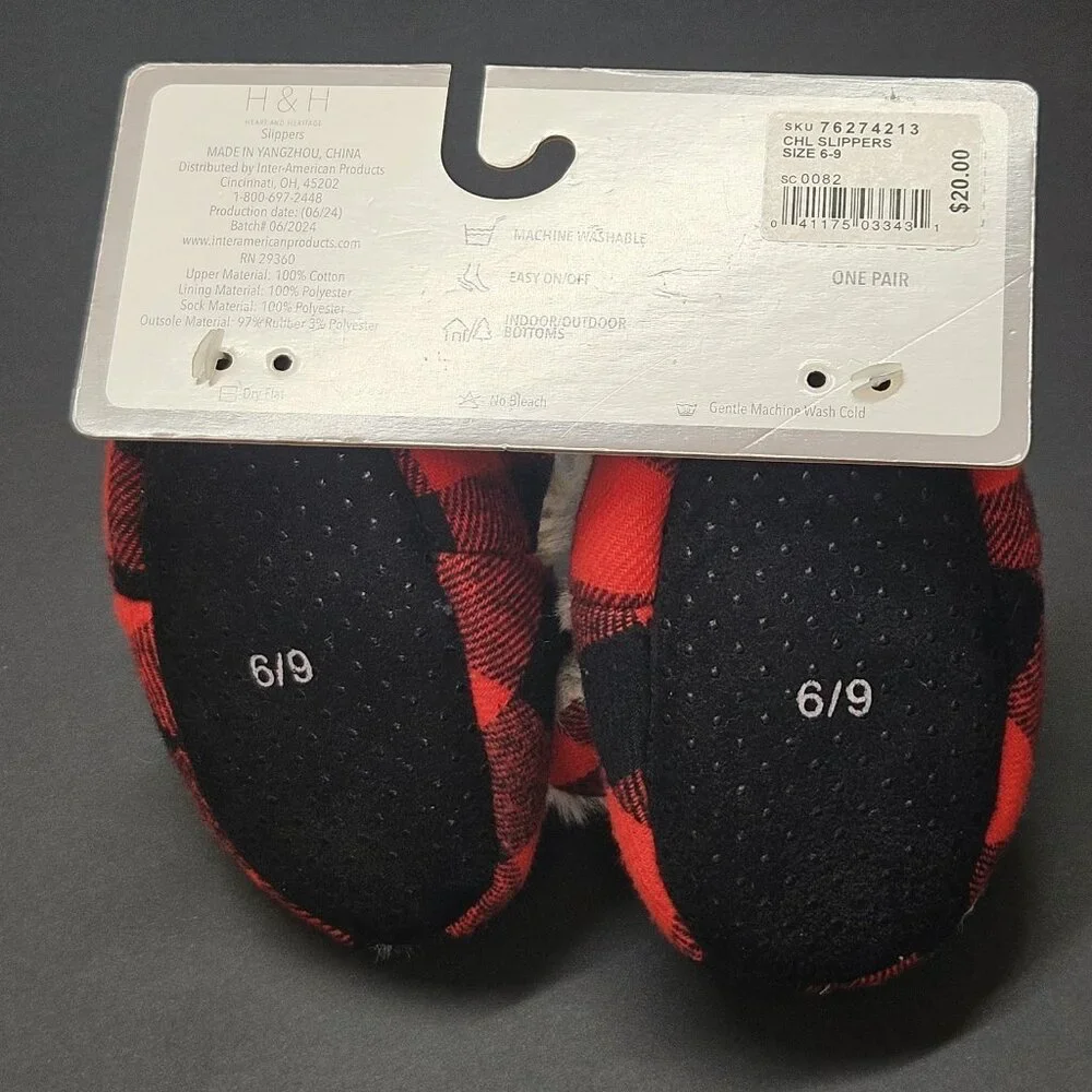 Holiday Time Family Bear Baby Unisex Red &‎ Black Plaid Slippers Size 6-9 Months